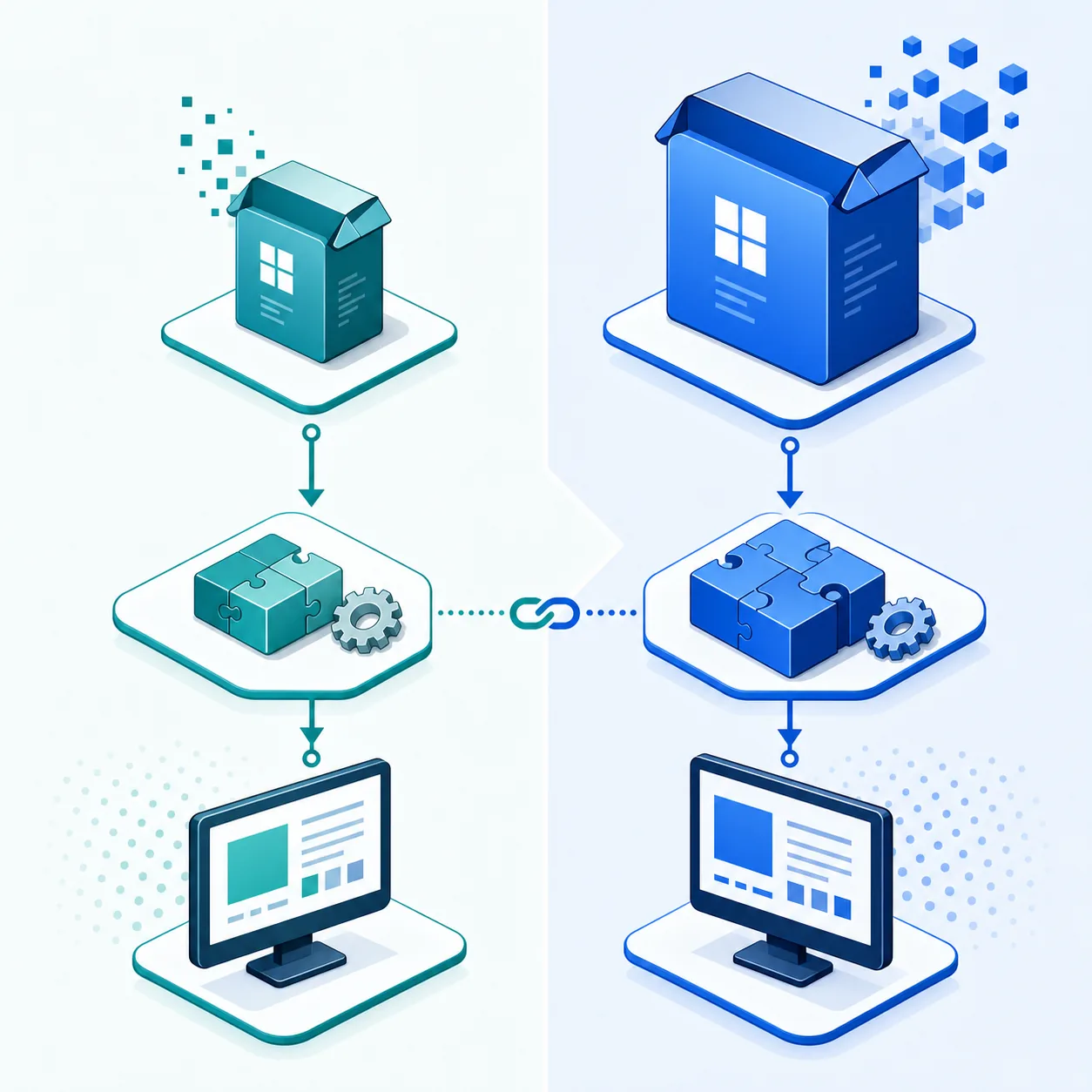 Editorial illustration comparing application architecture paths to the matching MFC140U.dll runtime package