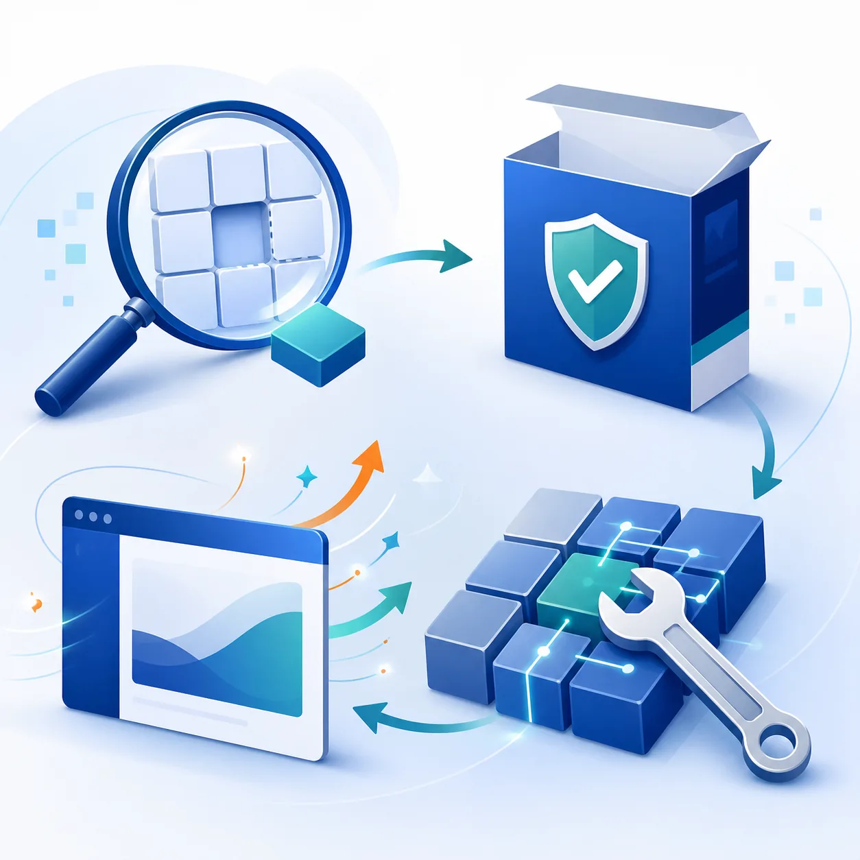 Editorial illustration of a four-stage MFC140U.dll missing-file repair flow