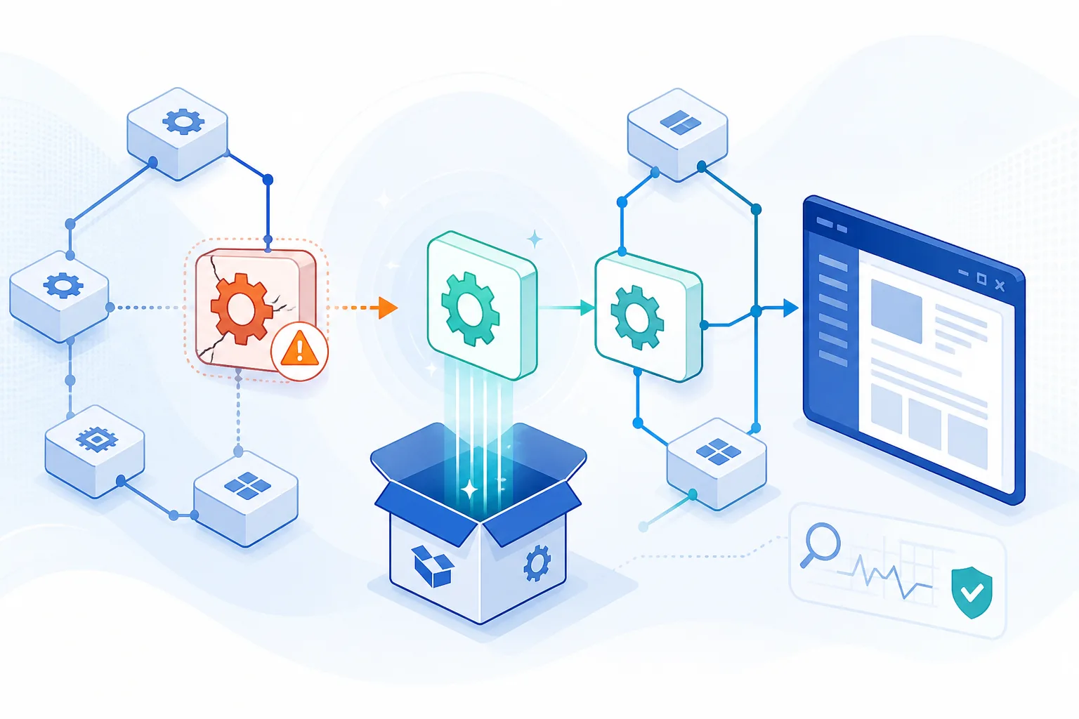 Editorial illustration of a Visual C++ runtime package restoring an MFC140U.dll dependency